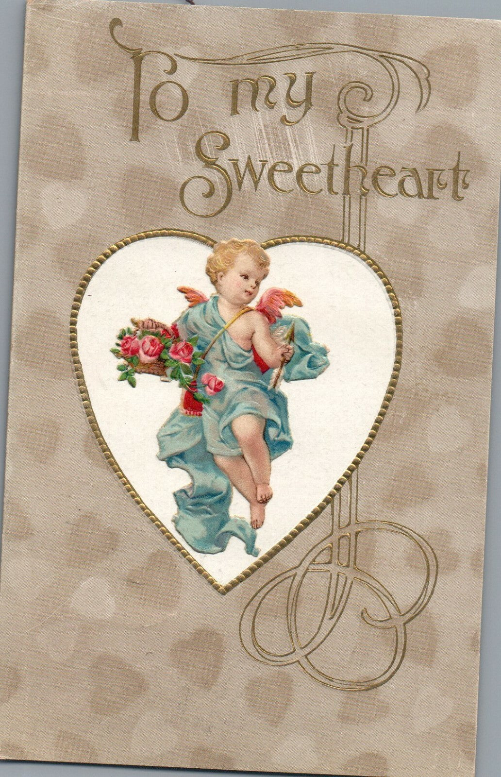 Cupid Holding Basket Of Pink Roses & Arrow White & Gold Heart Valentine Postcard