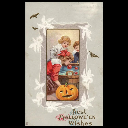 1921 Best Halloween Wishes Children Bobbing for Apples Vintage Postcard