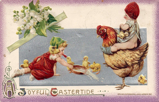 A Joyful Eastertide Child On Hen with Chicks Vintage Easter Postcard