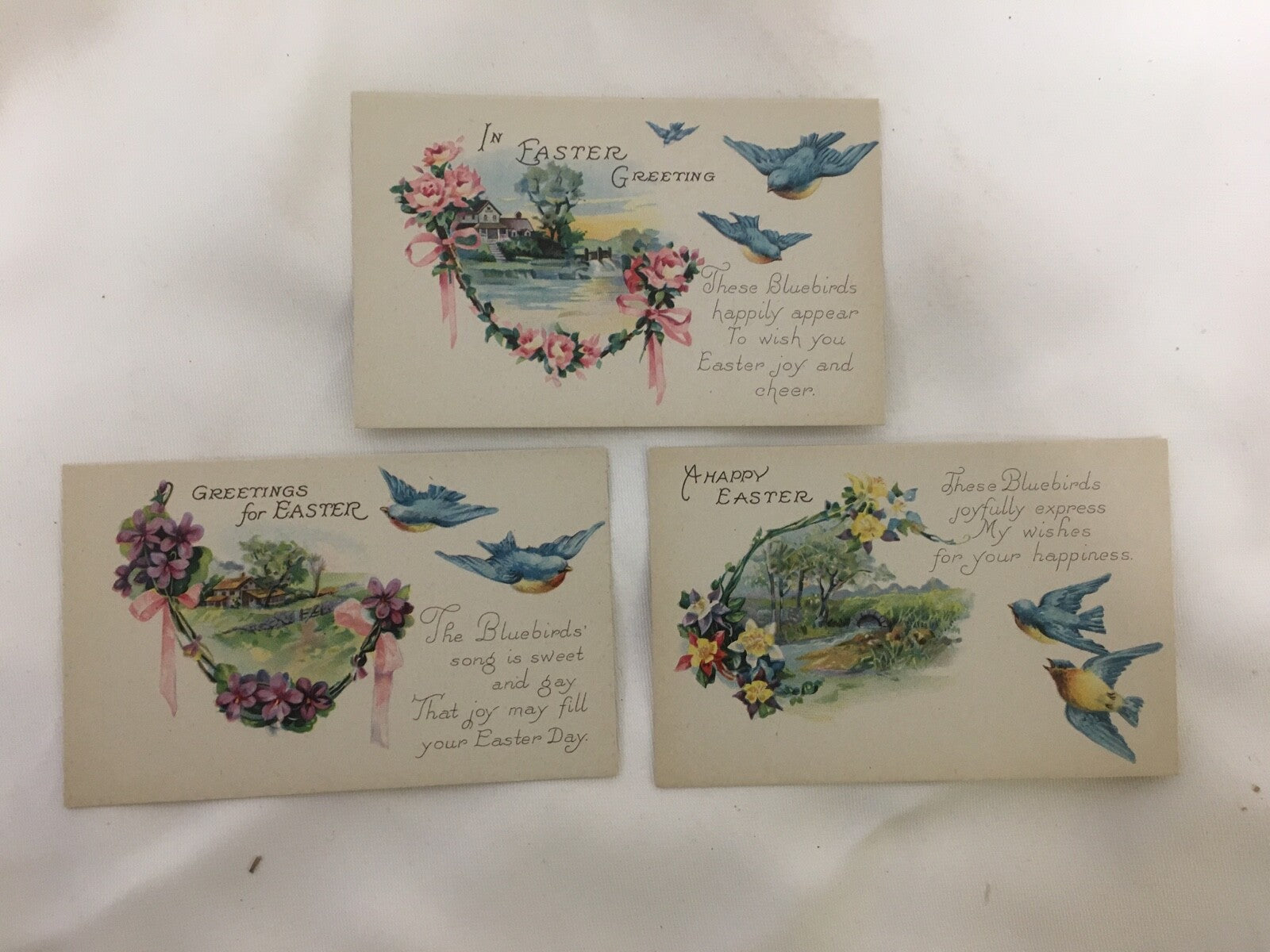 Set of 3 Blue Birds Flying Scenic View Easter Greetings Postcard Set