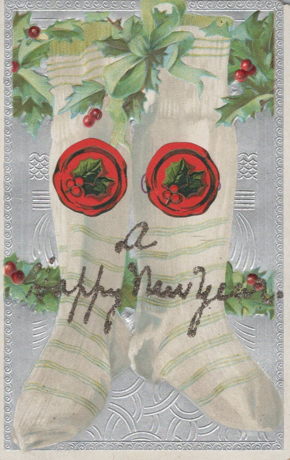 Glitter Happy New Year White Stripe Socks Green Bow Holly Silver Gilt Postcard
