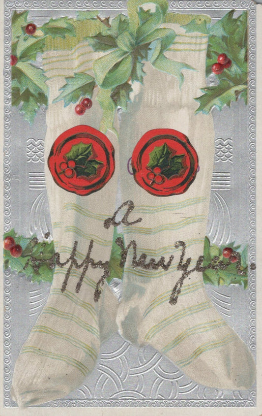 Glitter Happy New Year White Stripe Socks Green Bow Holly Silver Gilt Postcard