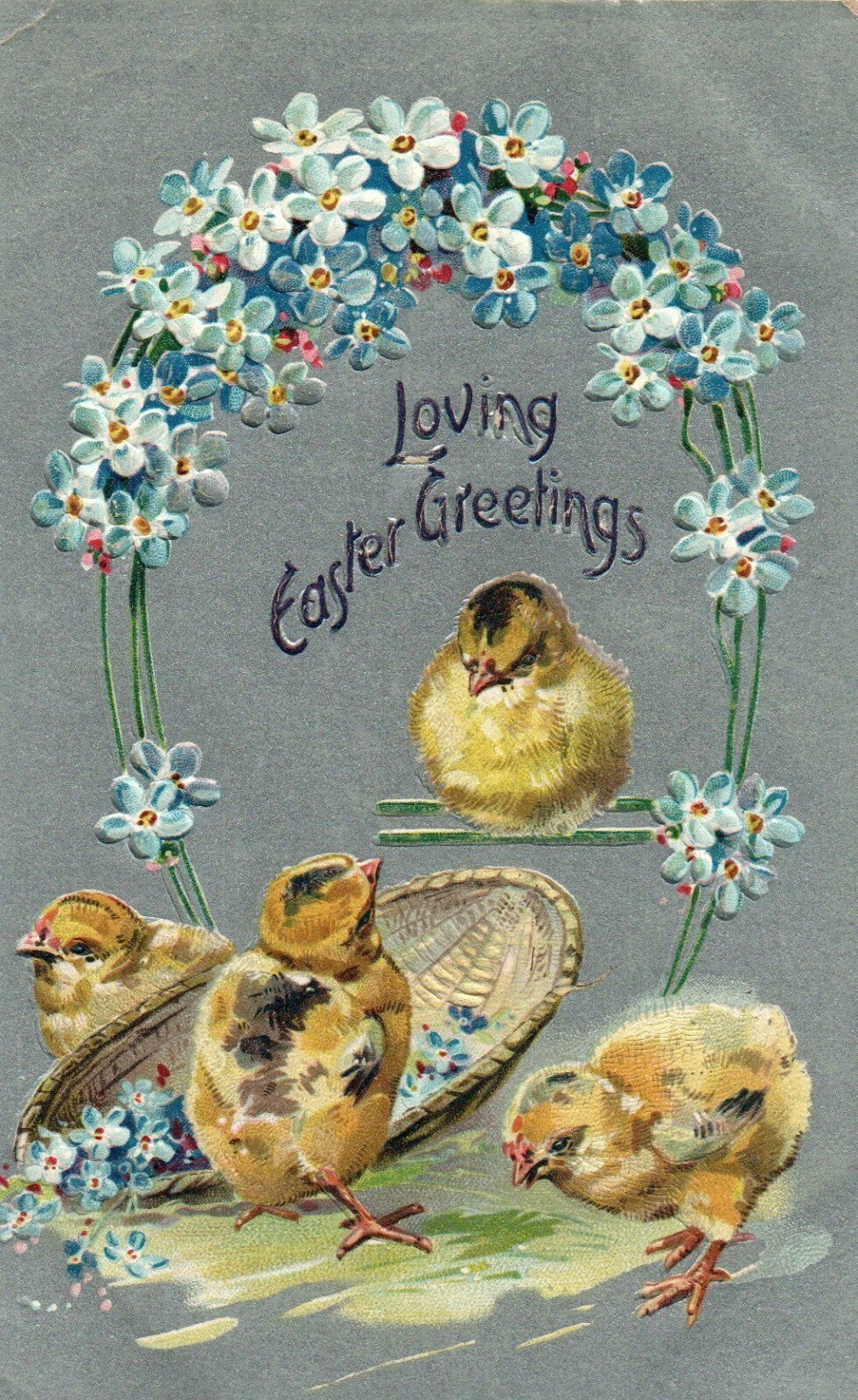 Tuck 772 Silver Metallic Chicks Under Flower Garland Happy Easter Postcard