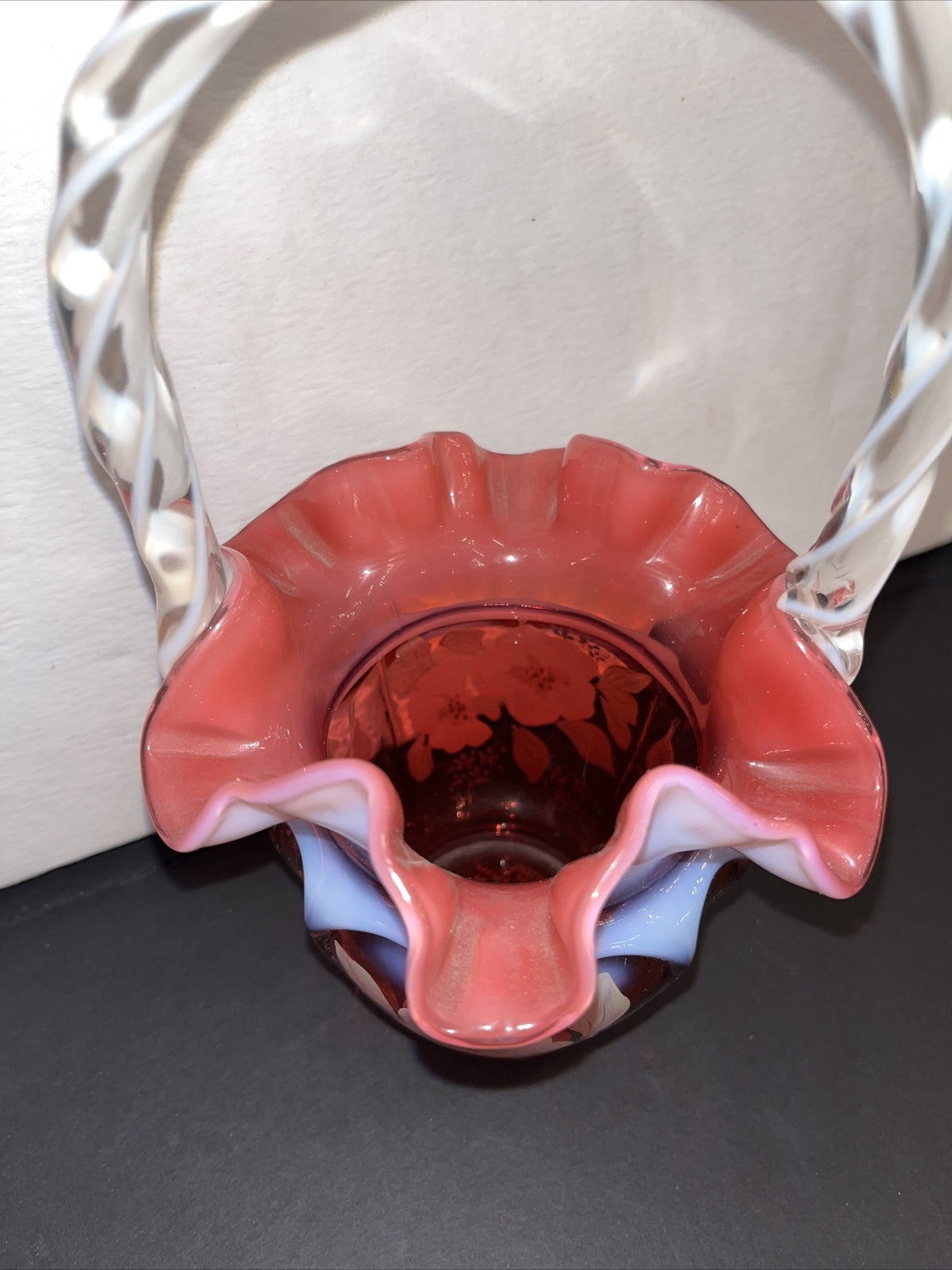 Fenton Art Glass Cranberry Opalescent Open Heart Arches Basket Signed & HP