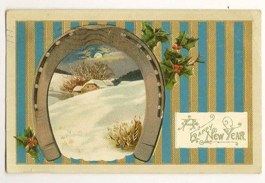 Nash Horseshoe Holly Blue and Gold Stripes Happy New Year Holiday Postcard