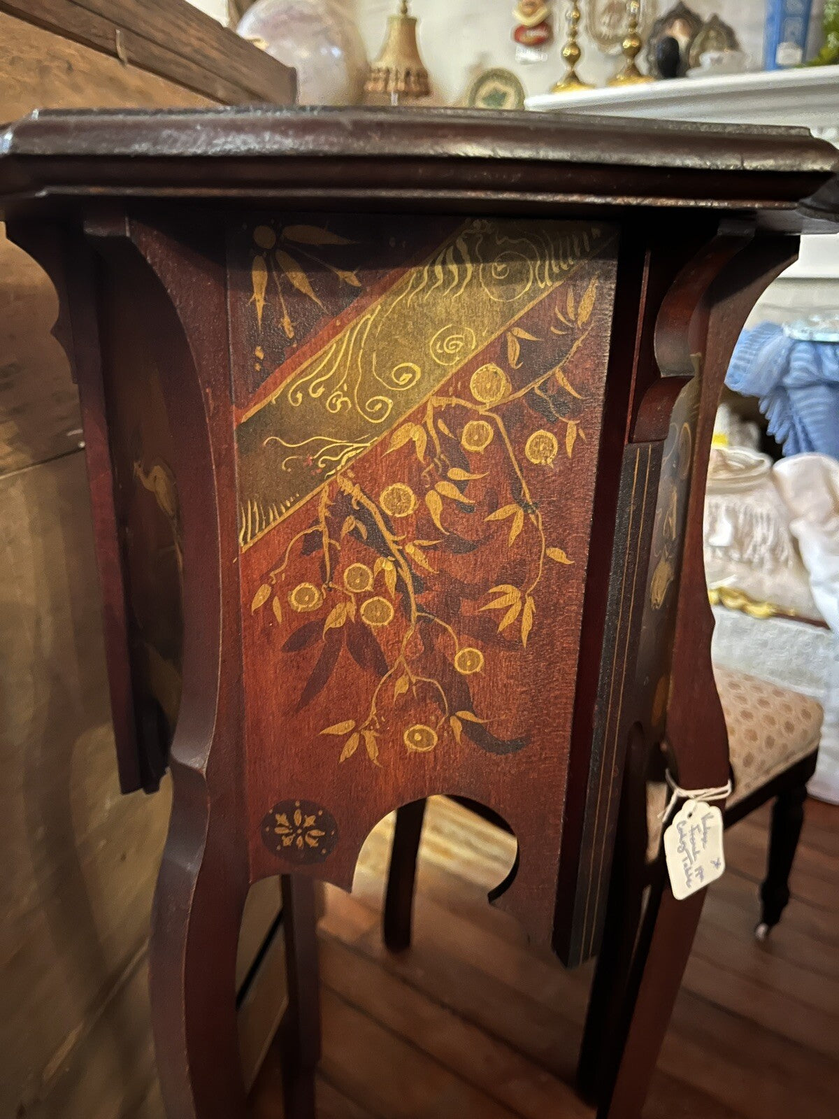 Antique French Wood Pedestal Plant Stands Hand Painted Scenes