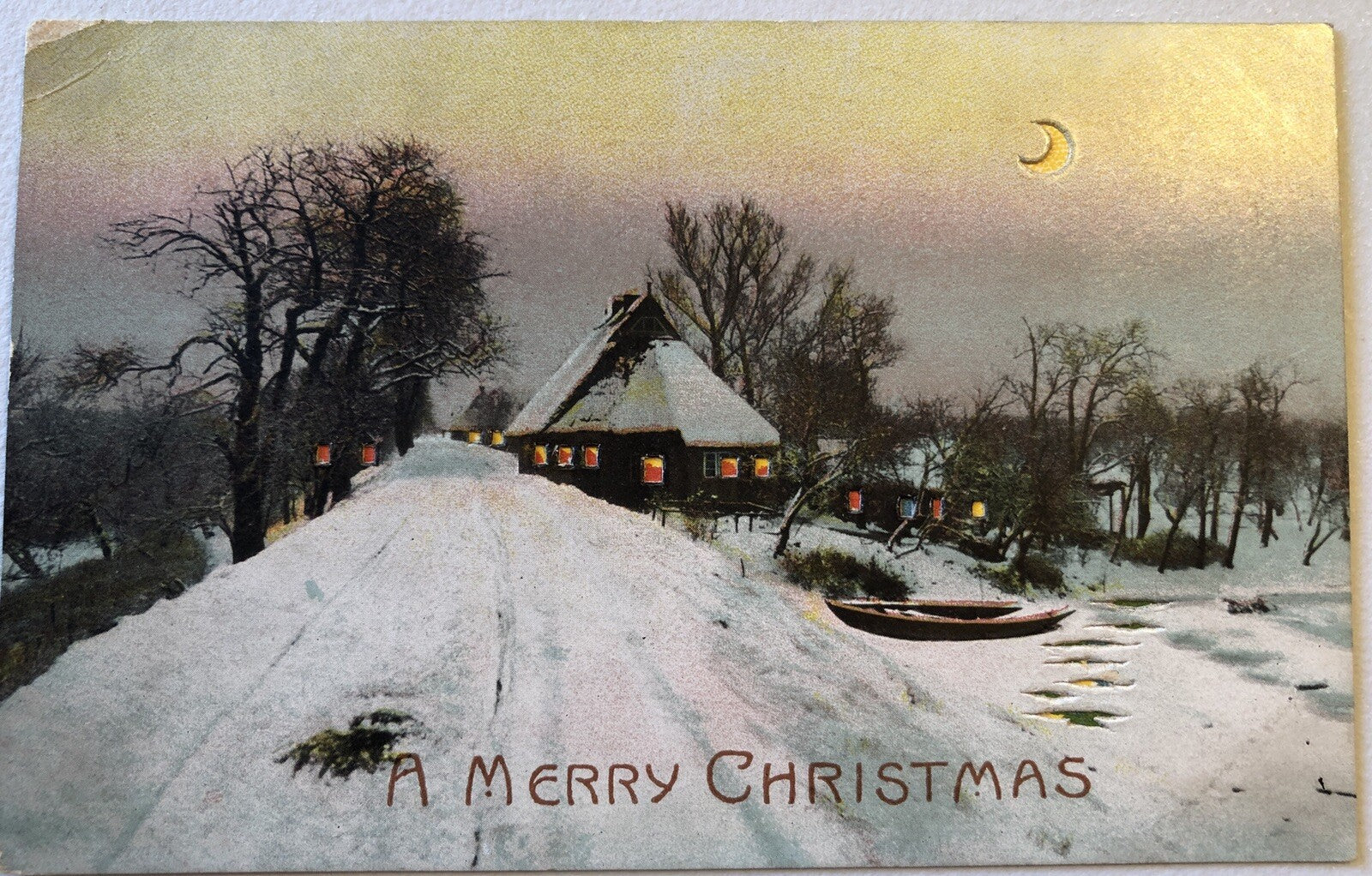 Hold to the Light A Merry Christmas House Trees Boat Moon Postcard