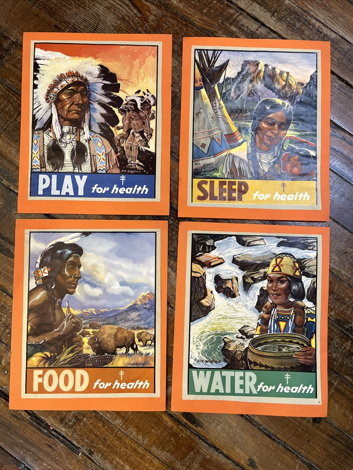 4 Vintage 1952 Posters Native American Indian.  10 X 13 MN   Health