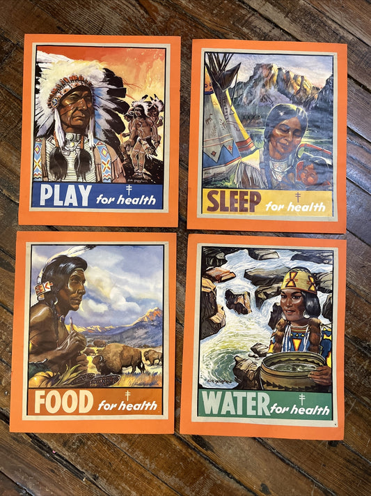 4 Vintage 1952 Posters Native American Indian.  10 X 13 MN   Health