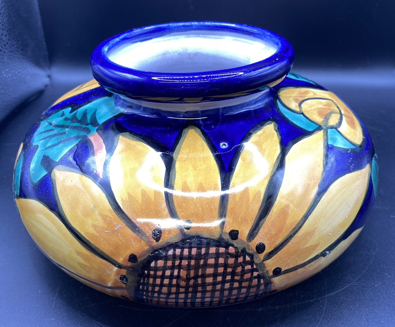 vintage 9" Terracotta Pottery Planter Vase Mexican Talavera 1980's Sunflower