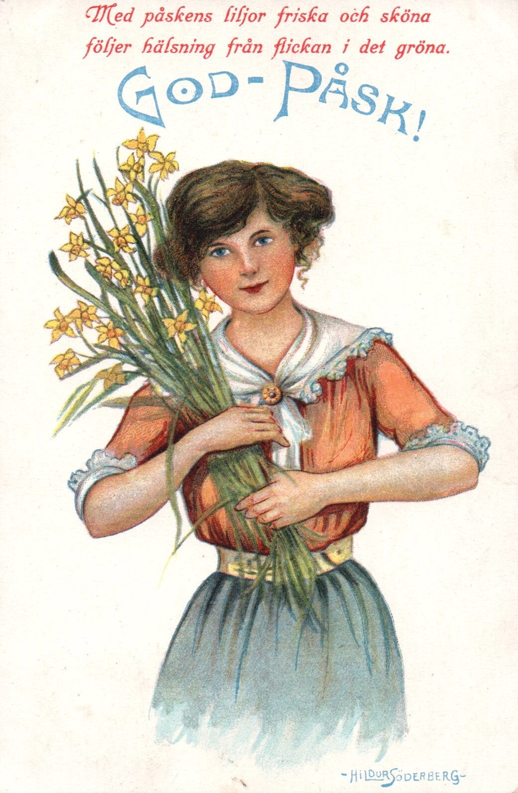 Glad Pask Hildur Soderberg Sweden Artist  Girl with Daffodil Flowers Easter