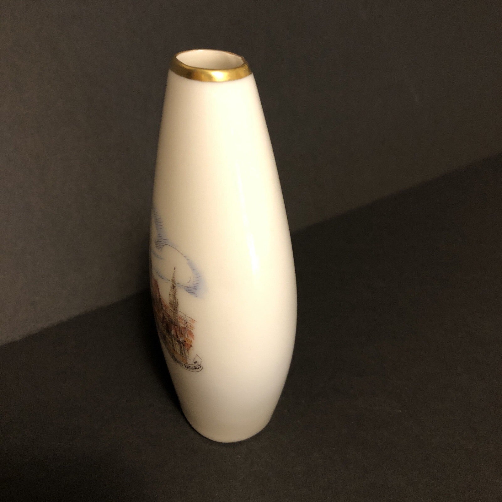 Lindnet Kueps Bavaria Germany Bud Vase Churches 257 22 Handgemalt White & Gold