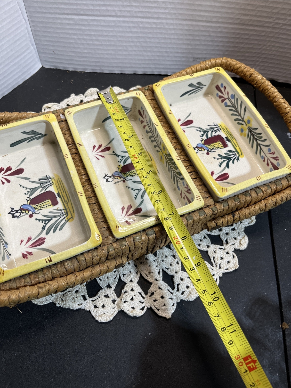 Vintage serving dish in basket three compartments wicker handpainted