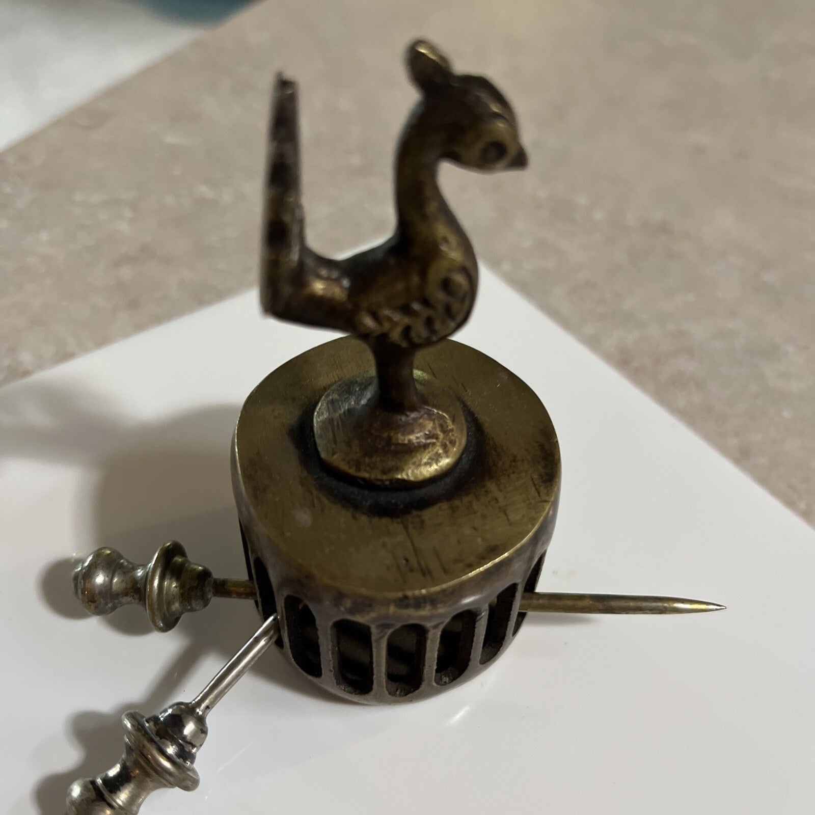 Vintage India Brass Peacock Figure Foot Scrubber 3" Tall x 1-1/2"