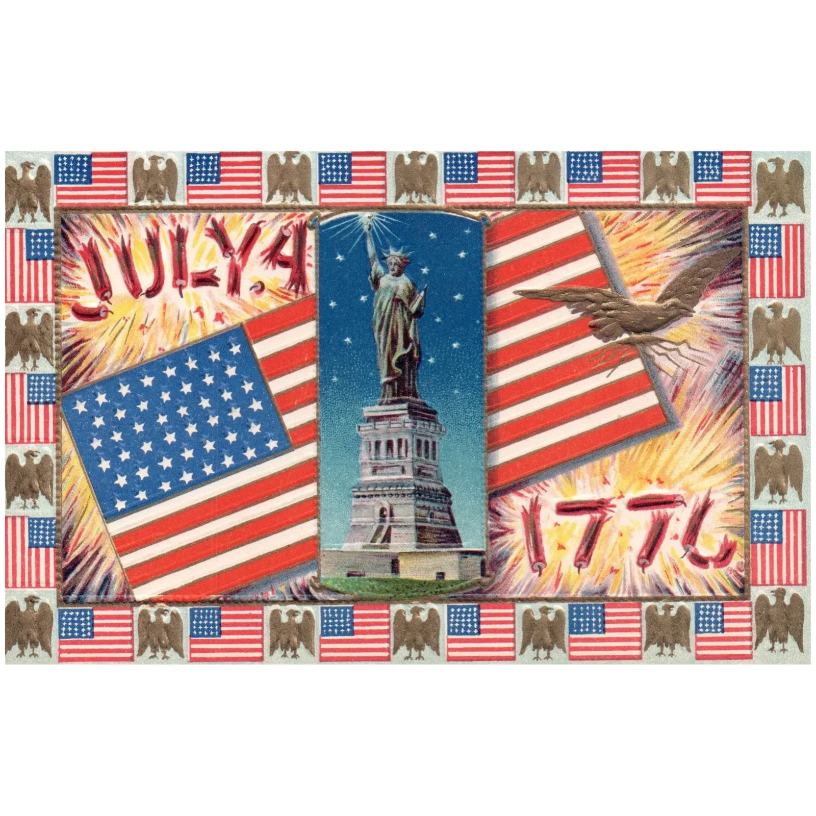 Statue of Liberty Standing Tall Gold Embossed Vintage Fourth of July Postcard