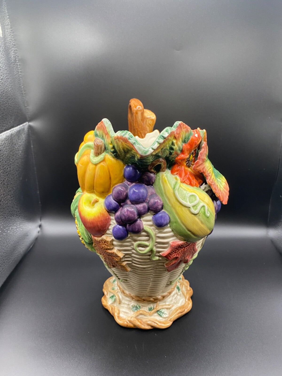 Vintage Fitz And Floyd Harvest Fall Ceramic Pumpkin Grapes Leaf Pitcher 1997