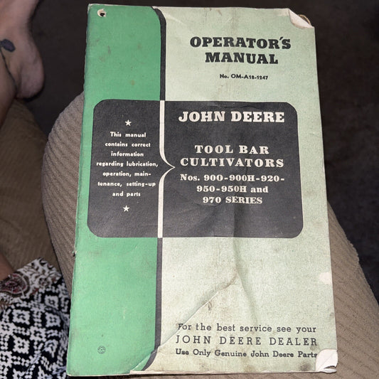 Vtg John Deere Tool Bar Cultivators, Nos. 900-970 Series Operator's Manual