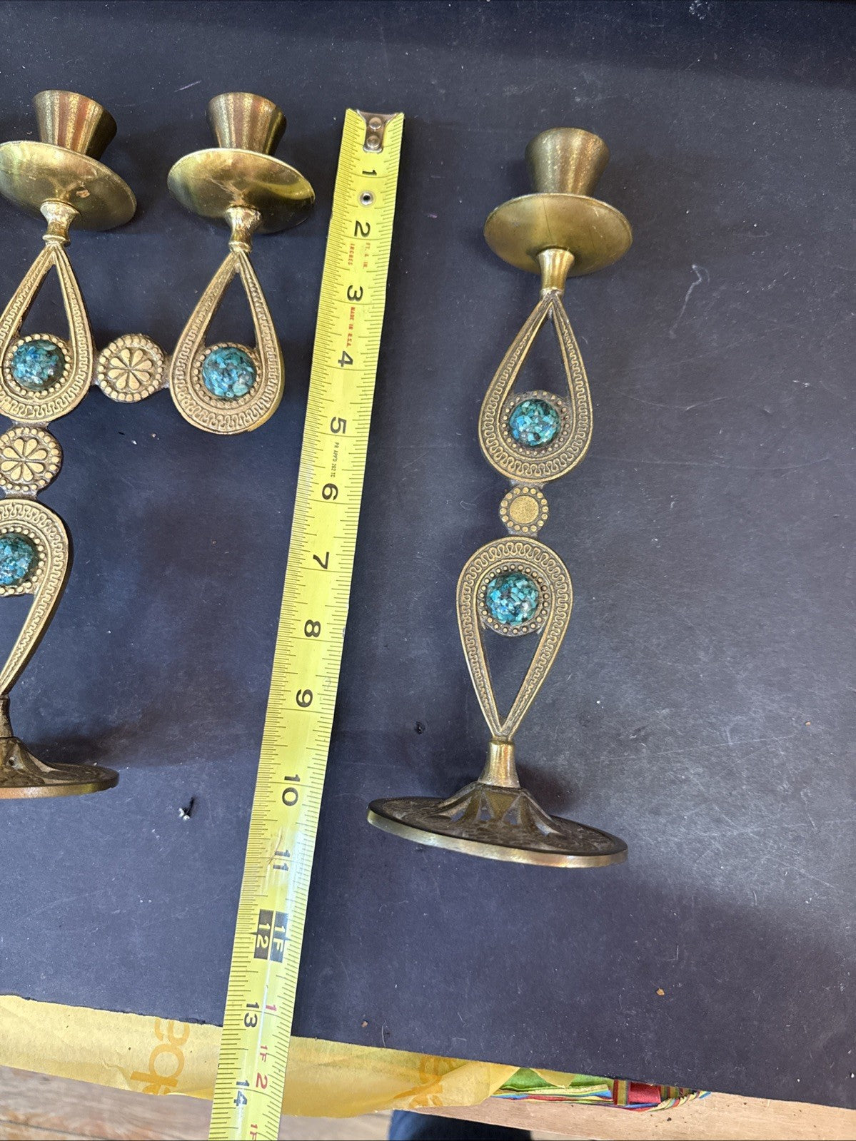Vtg Israelian holyland brass candlesticks w/green Eliats