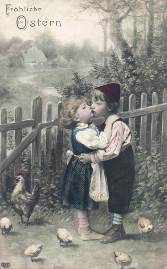 Foreign Happy Easter Little Boy & Girl Sharing a Kiss Vintage Easter Postcard