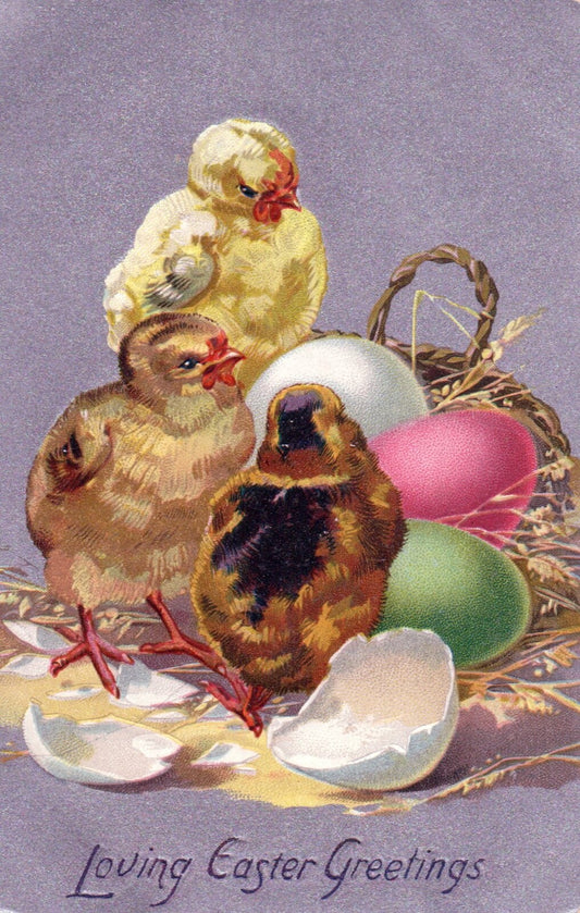 Loving Easter Greetings Chicks Hatching Colorful Eggs Vintage Easter Postcard