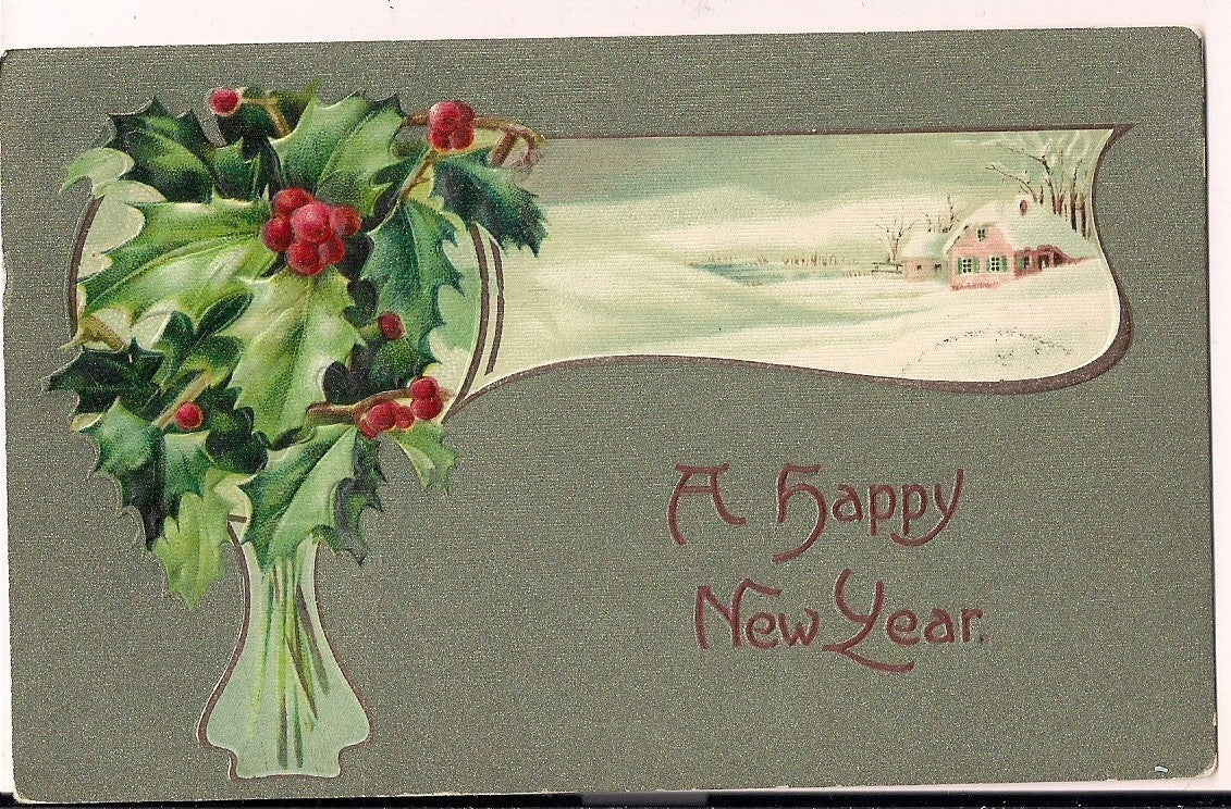 John Winsch Snowy Winter Scene Holly Vase Green Gold Background Happy New Year