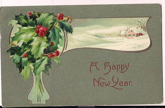John Winsch Snowy Winter Scene Holly Vase Green Gold Background Happy New Year