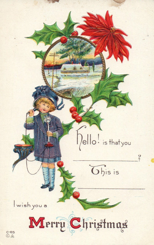 Nash Christmas Girl on candlestick telephone Postcard  C-65