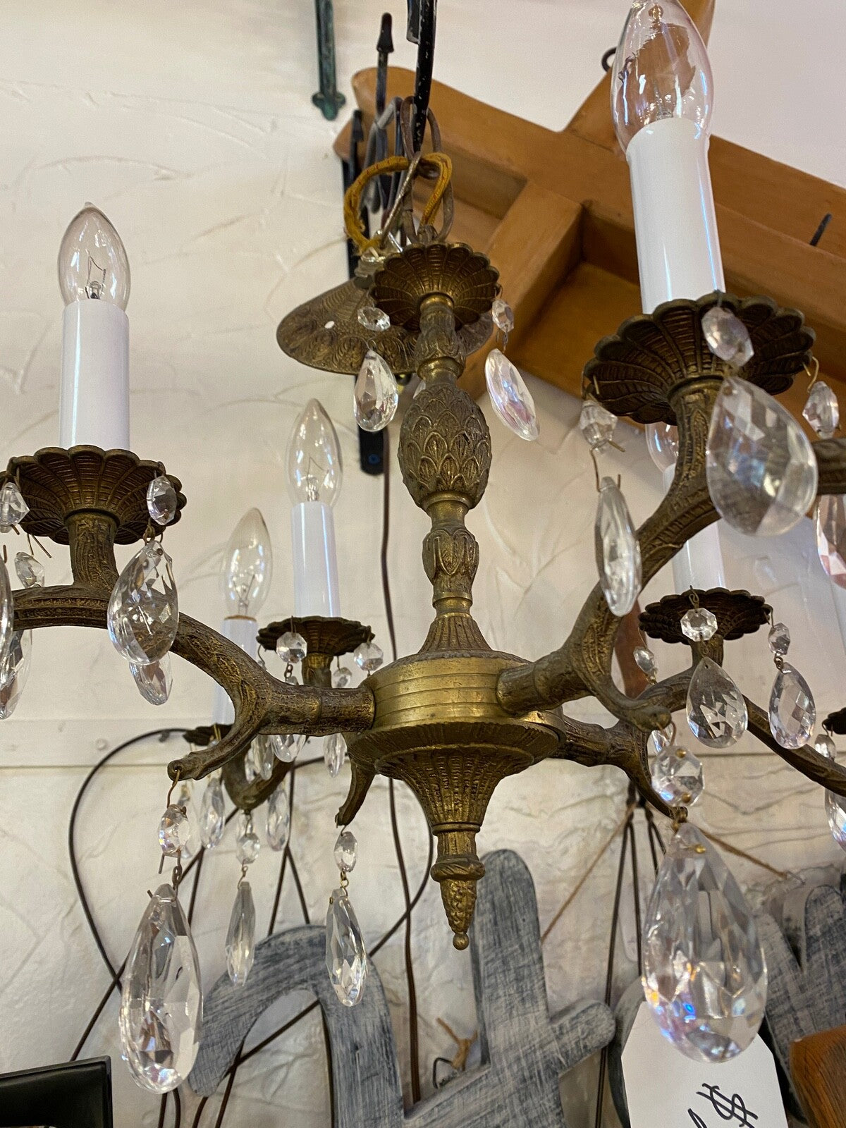 4-double arm made in Spain brass chandelier 1940s