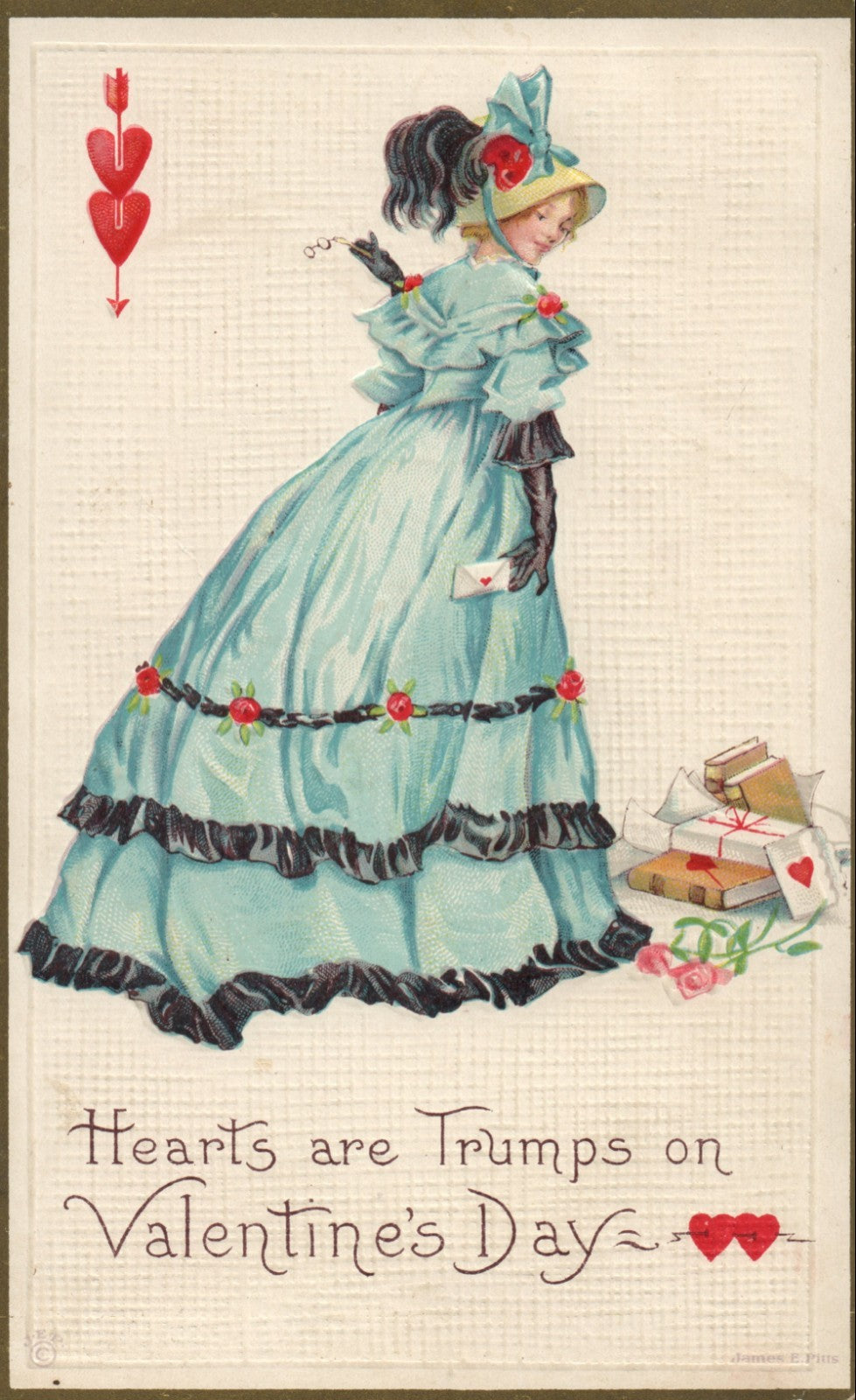 Hearts Are Trumps Woman In Blue Dress Gold Border Valentine Postcard Series 27E