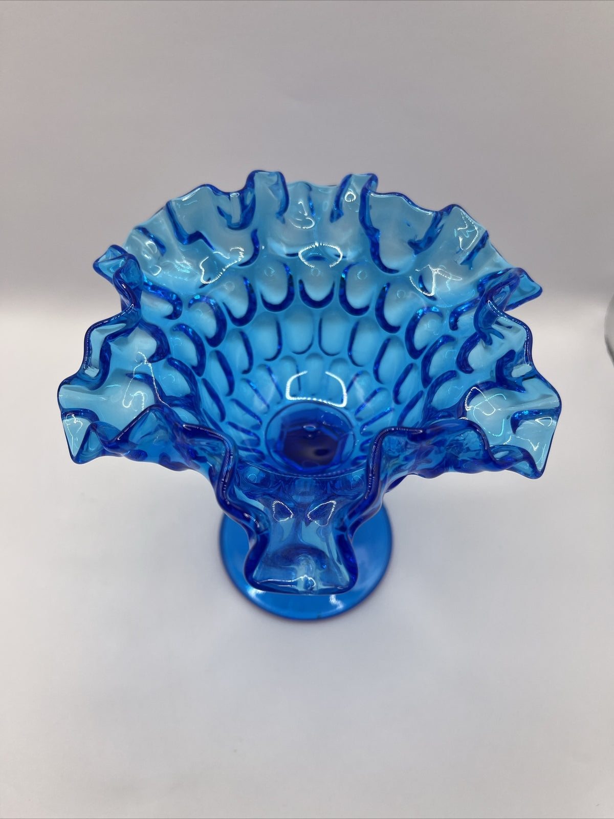 Vintage Fenton Art Glass Thumbprint Ruffled Pedestal Dish Colonial Blue