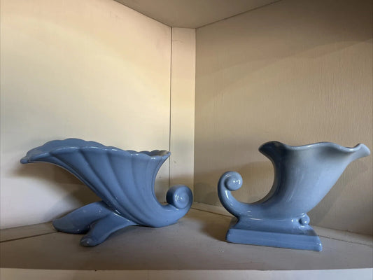 2 - Abingdon Illinois Pottery Vases Cornucopias Blue Vase Planter