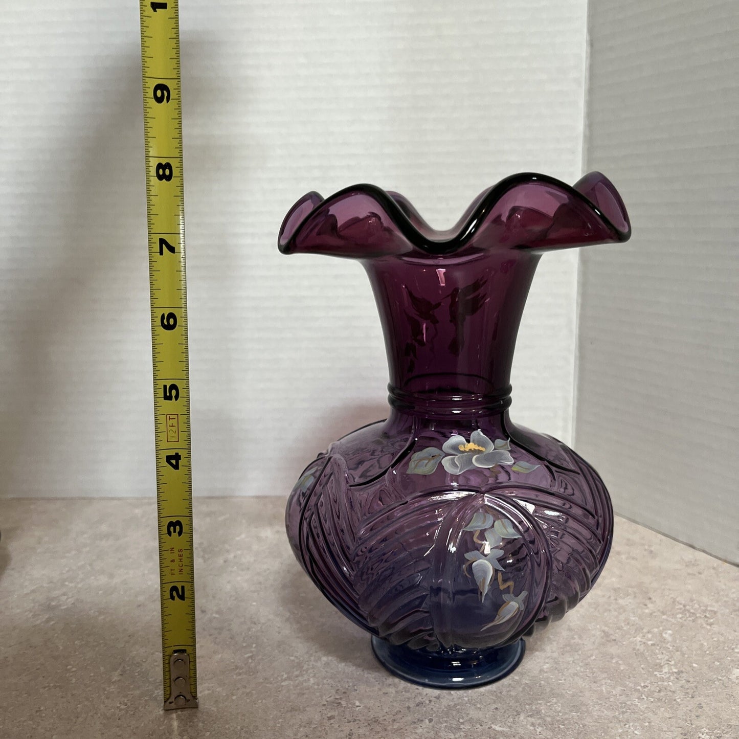 Fenton mullberry Melon Vase  H/P Floral Design, numbered & signed