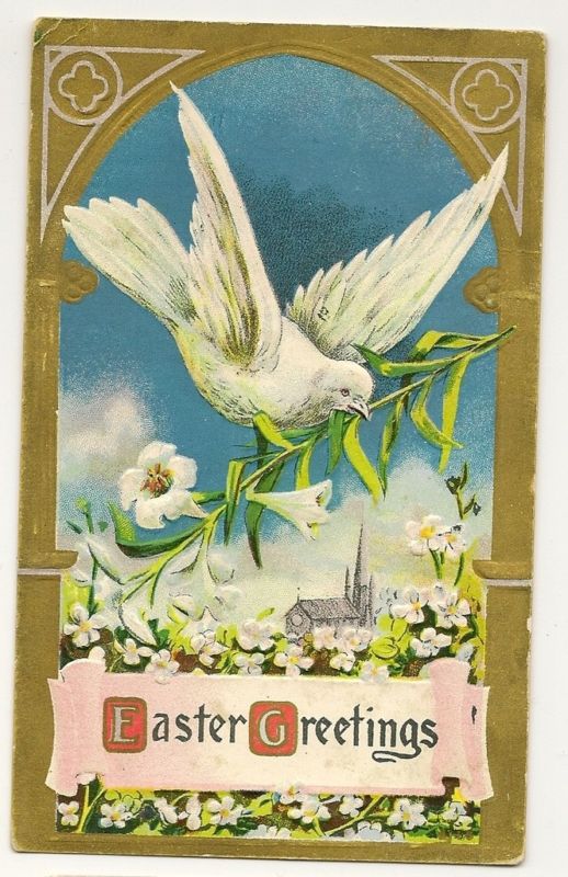 Gold White Dove with Lily Branch Easter Postcard Series