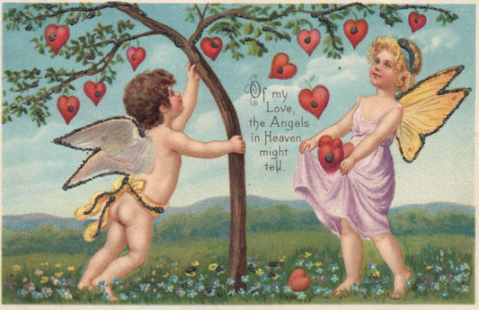 Angel butterfly fairy Picking Hearts with Glitter Valentines Day Postcard