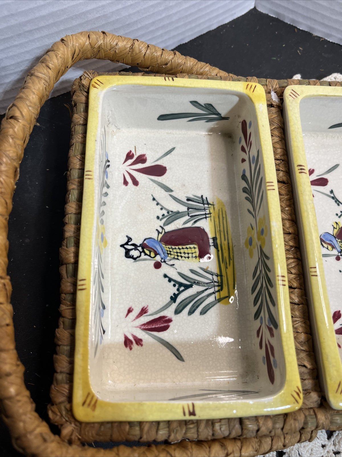 Vintage serving dish in basket three compartments wicker handpainted