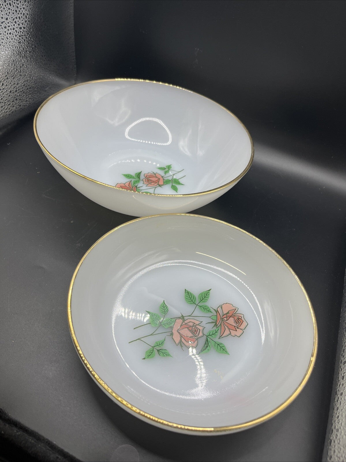 2-VINTAGE Fire King Pink  "ANNIVERSARY ROSE" Round Vegetable Bowls