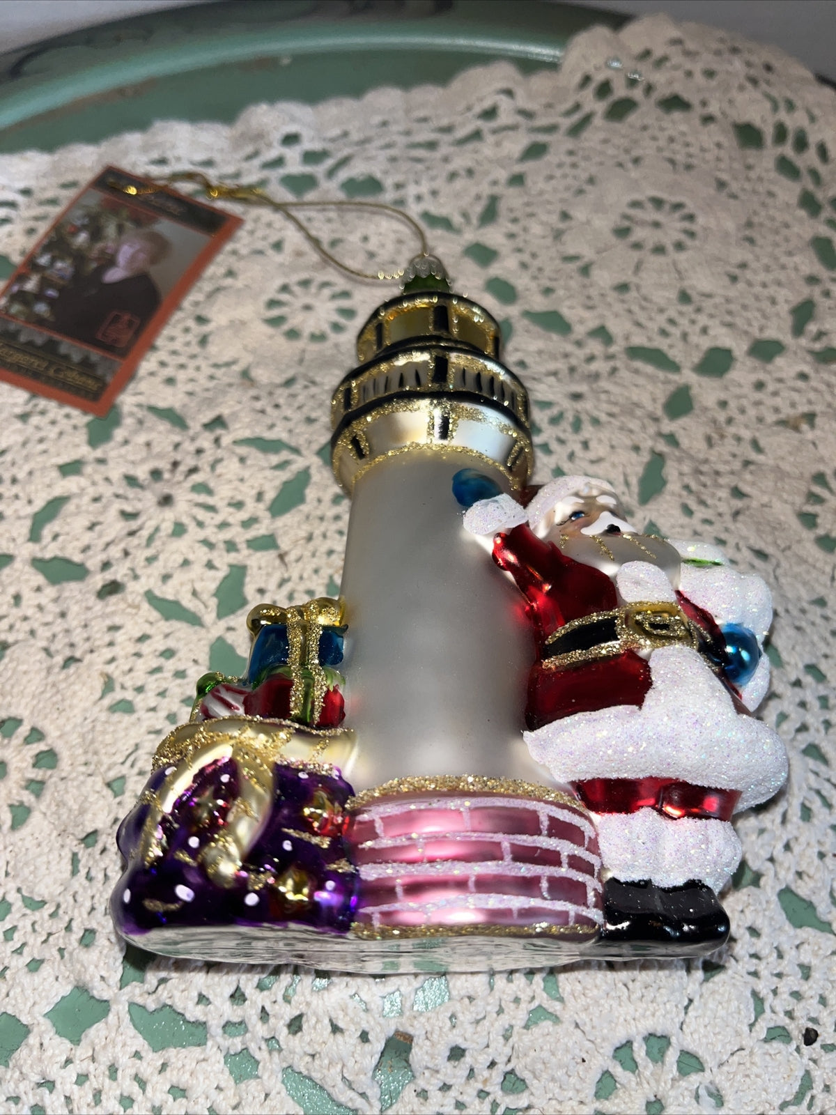 Vintage Light House With Santa Mercury Glass Christmas Ornament