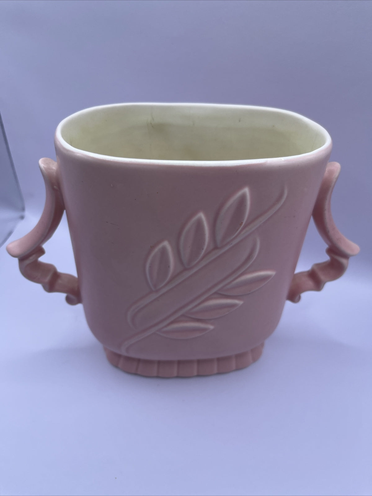 Vintage Red Wing Pottery Pink Leaf Embossed Double Handle Vase #1174