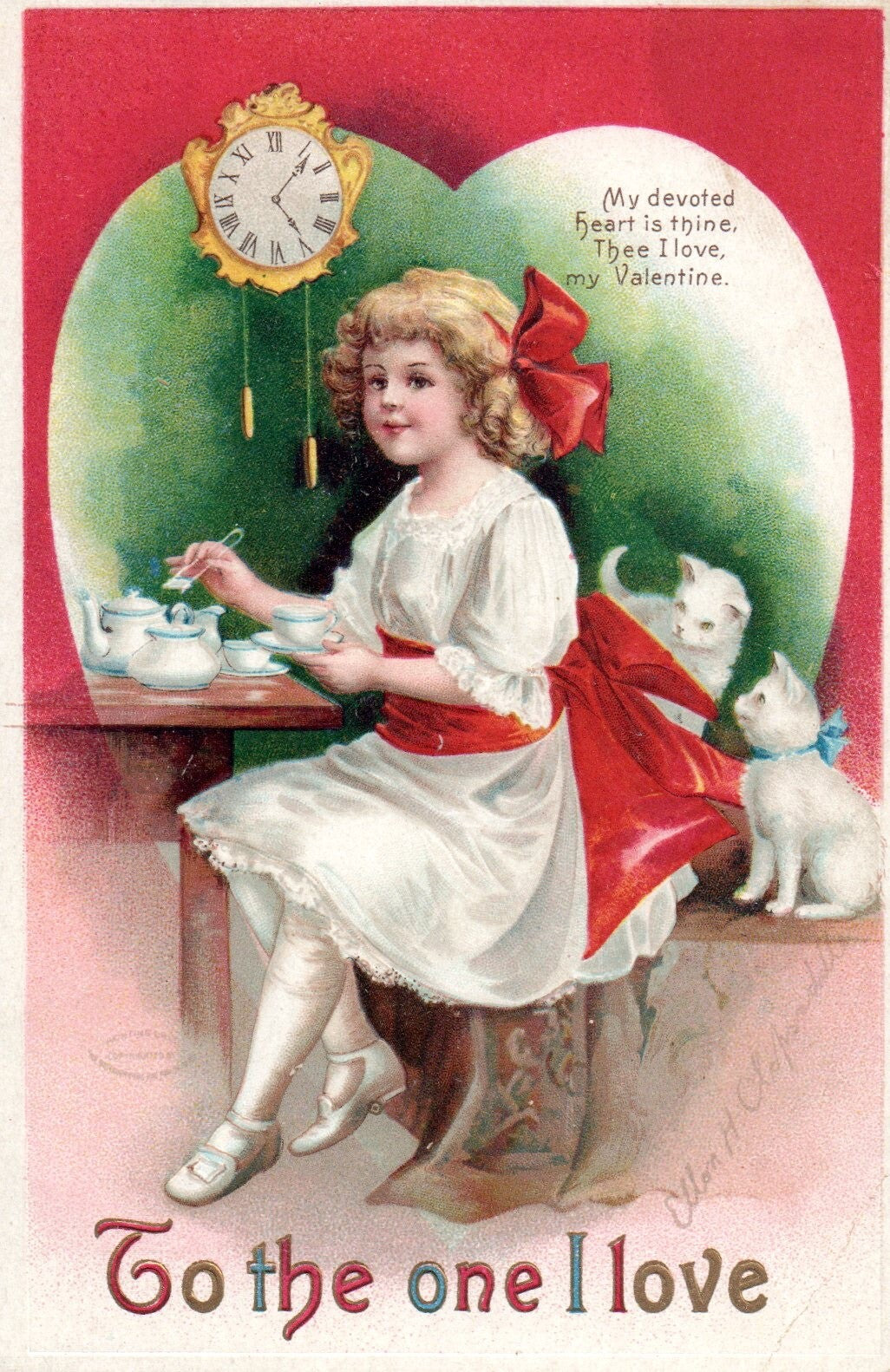 To The One I Love Girl with Kitties and Tea Set Valentine Postcard