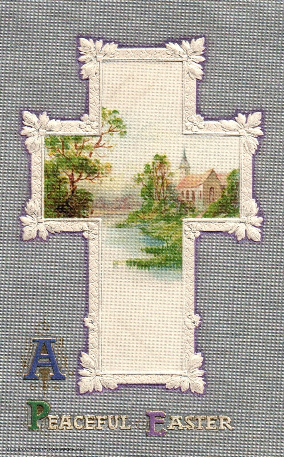 Peaceful Easter Silver Gilt Embossed Cross Church Scene Vintage Easter Postcard