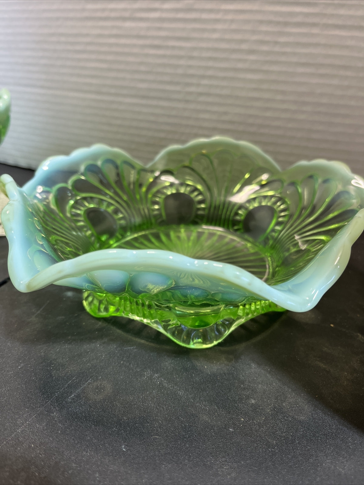 Antique Jefferson Glass 1907 Tokyo Green Opalescent Large, Med & 5 Small Bowls