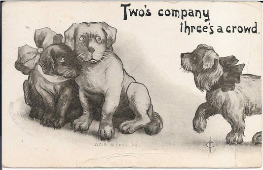 Artist Signed I Phillips 6619 "Two's Company Three's a Crowd" Dog Dogs Postcard