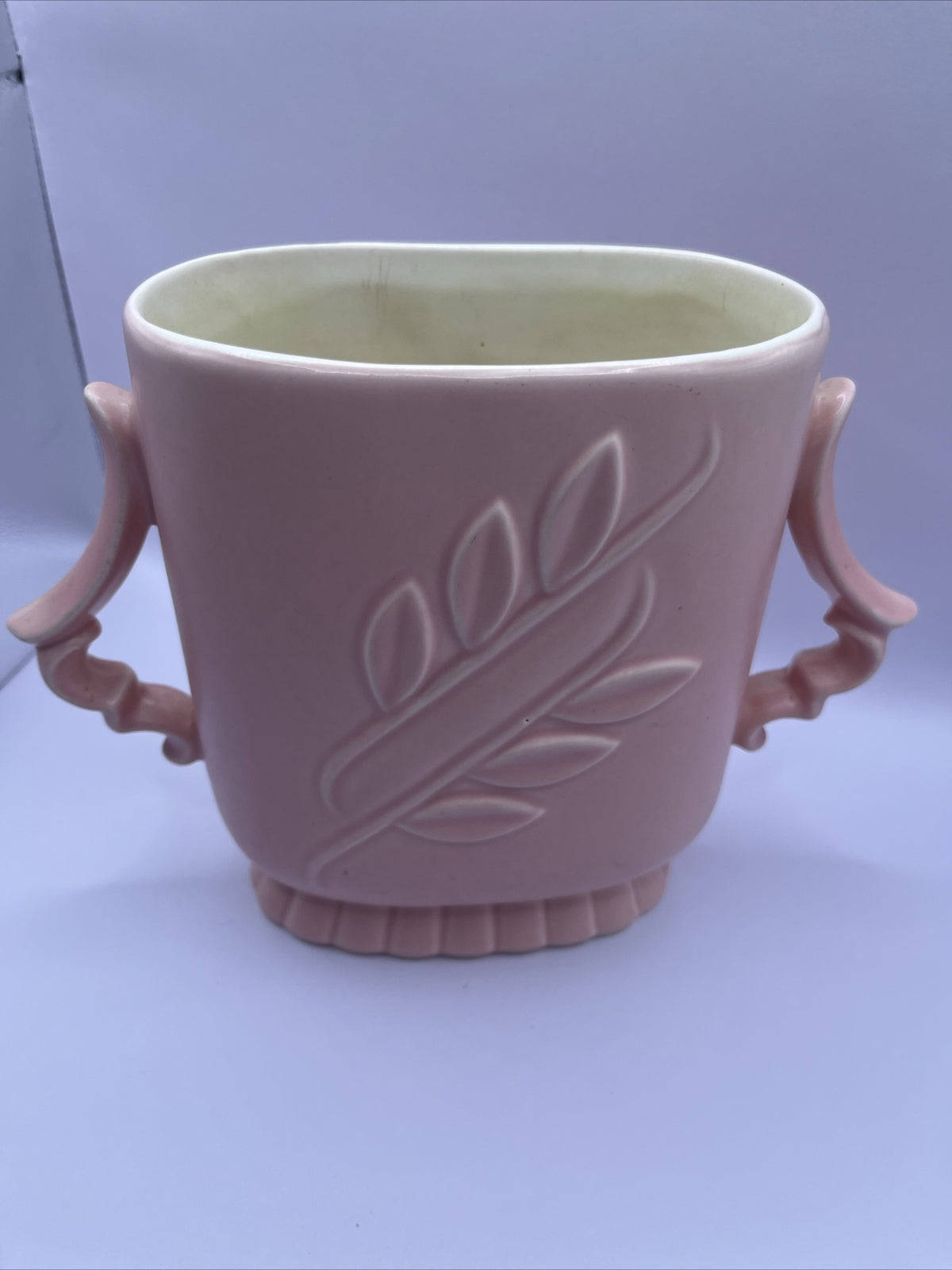 Vintage Red Wing Pottery Pink Leaf Embossed Double Handle Vase #1174