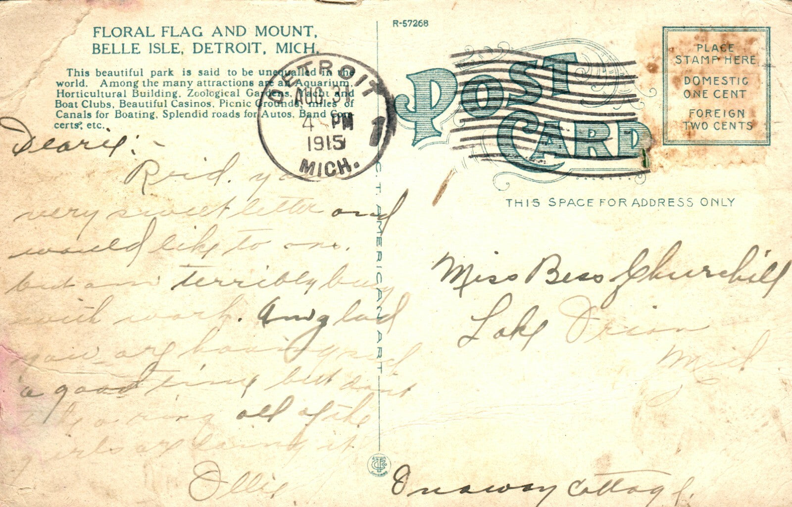 Floral Flag Mount Belle Isle Detroit  MI Michigan Postcard