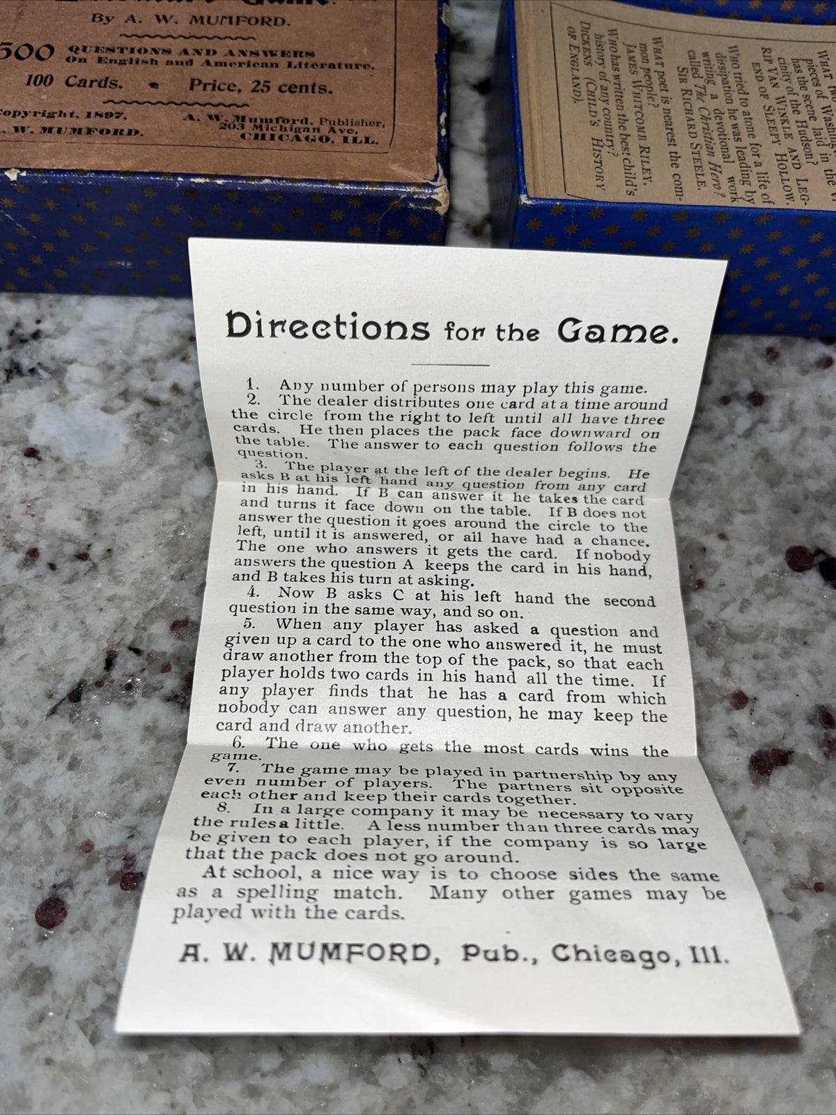 1897 Game of Literature Game, 500 Questions. By A W Mumford.