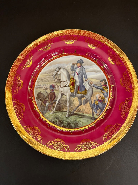 Vintage Bavaria Pink Decorative Plate with Gold Trim Soldier on Horseback