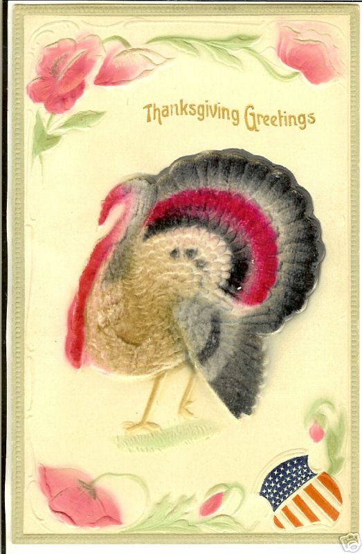 Patriotic Heavy Embossed Add On Turkey Pink Flowers Thanksgiving Greetings