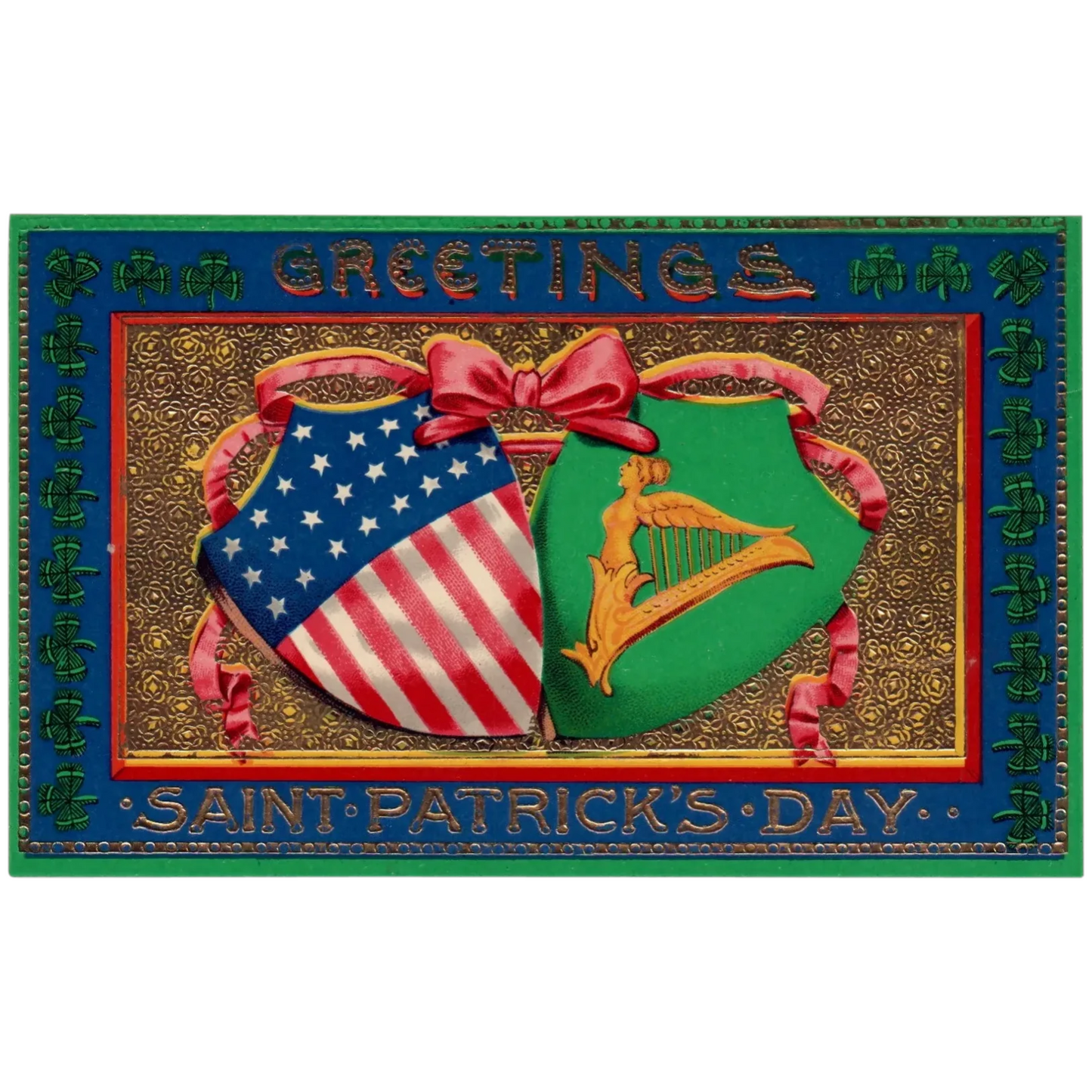 Sampson Brothers St Patrick's Day Greetings Gold Gilt Patriotic Vintage Postcard