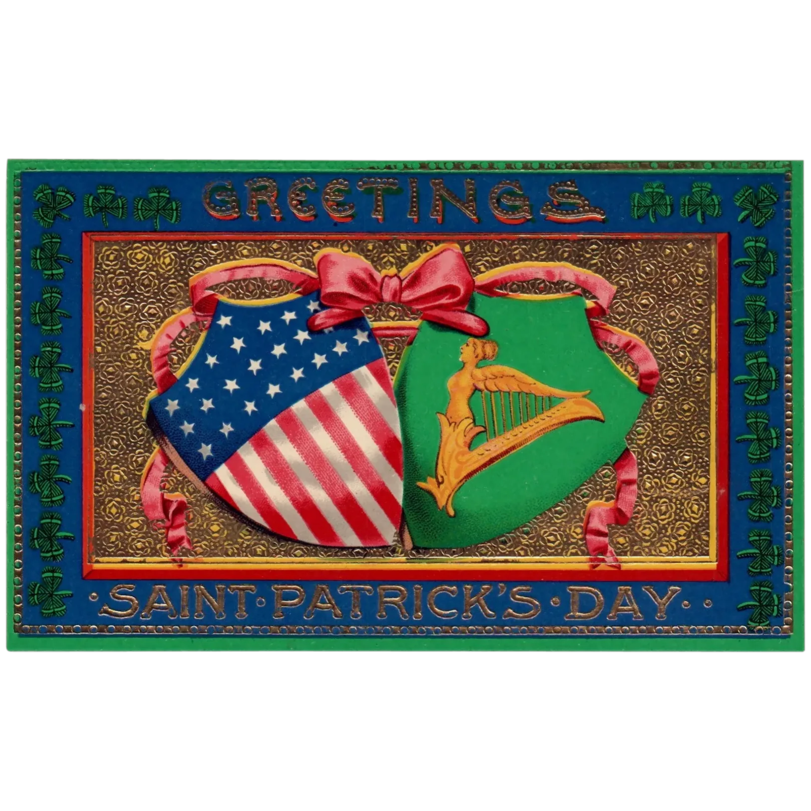 Sampson Brothers St Patrick's Day Greetings Gold Gilt Patriotic Vintage Postcard