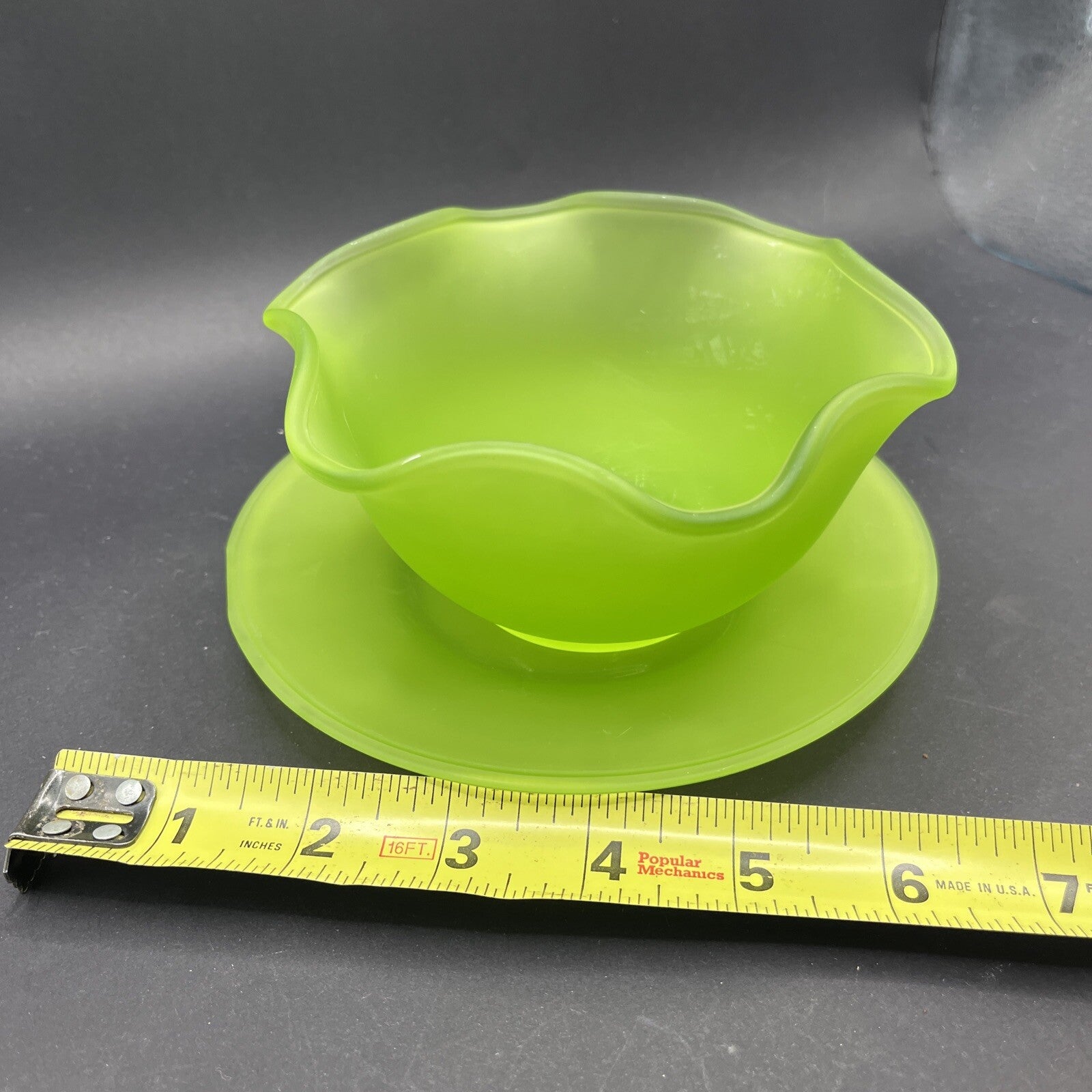 Vintage Green Satin Frosted Depression Glass 5" Bowl & 6" Saucer